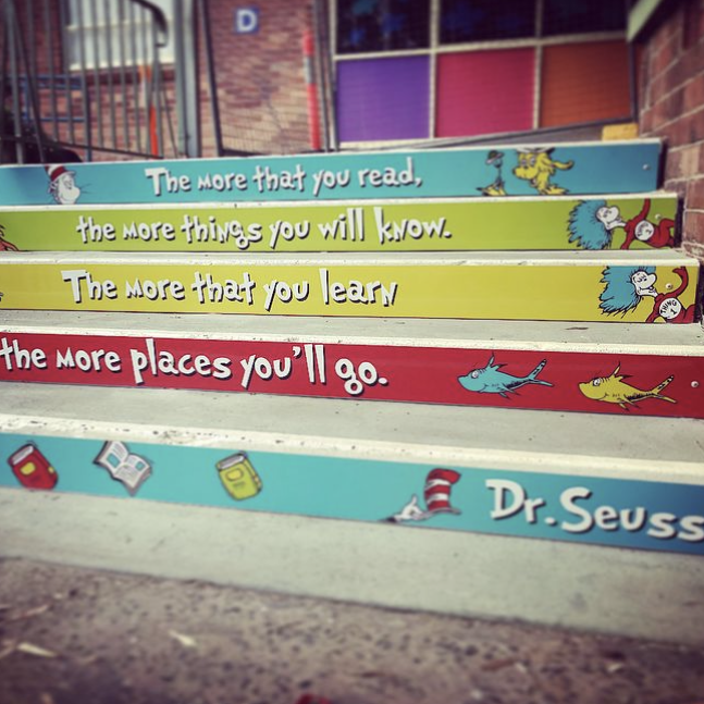 School stair signage with learning messages